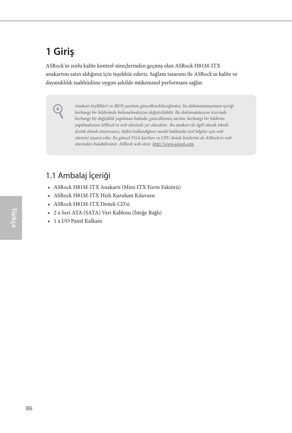 Turkish, 1 giriş, 1 ambalaj içeriği | ASRock H81M-ITX User Manual | Page 87 / 146