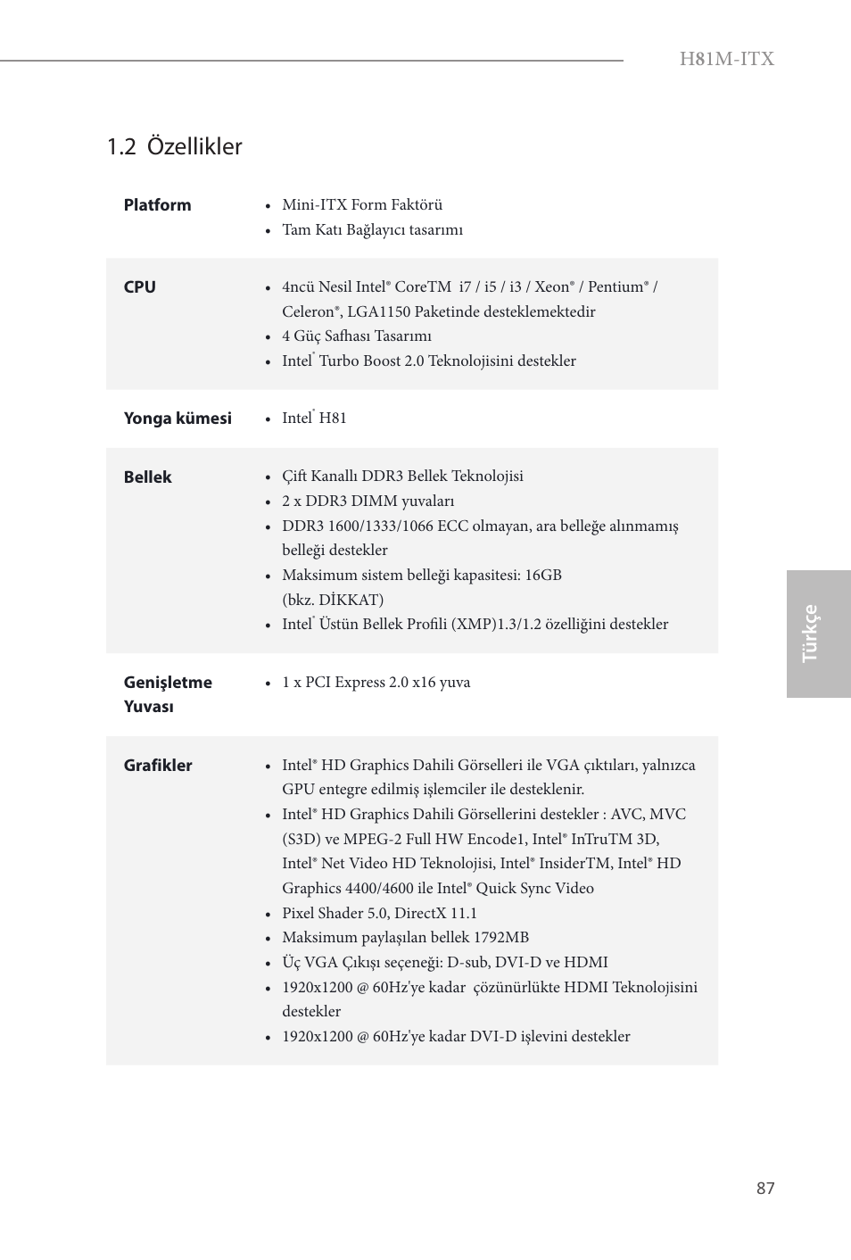 2 özellikler, H 8 1m-itx, Türk çe | ASRock H81M-ITX User Manual | Page 88 / 146