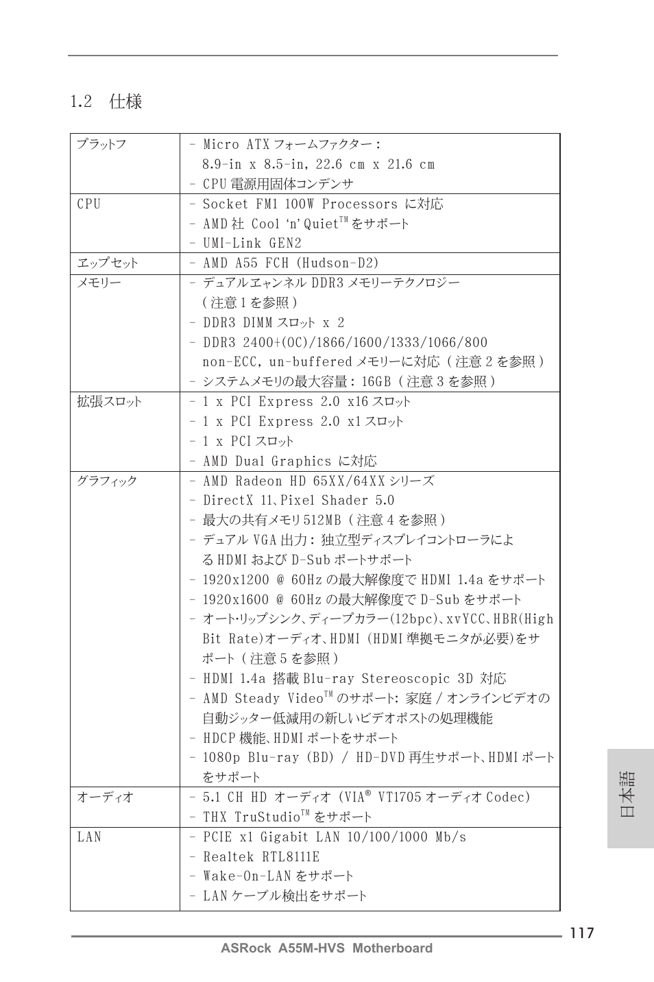 日本語 1.2 仕様 | ASRock A55M-HVS User Manual | Page 117 / 162