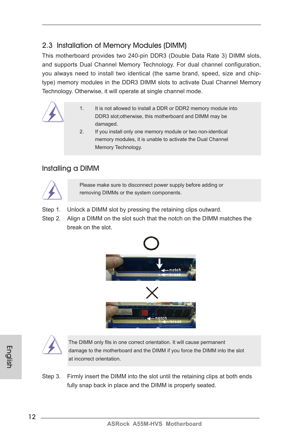 Installing a dimm | ASRock A55M-HVS User Manual | Page 12 / 162