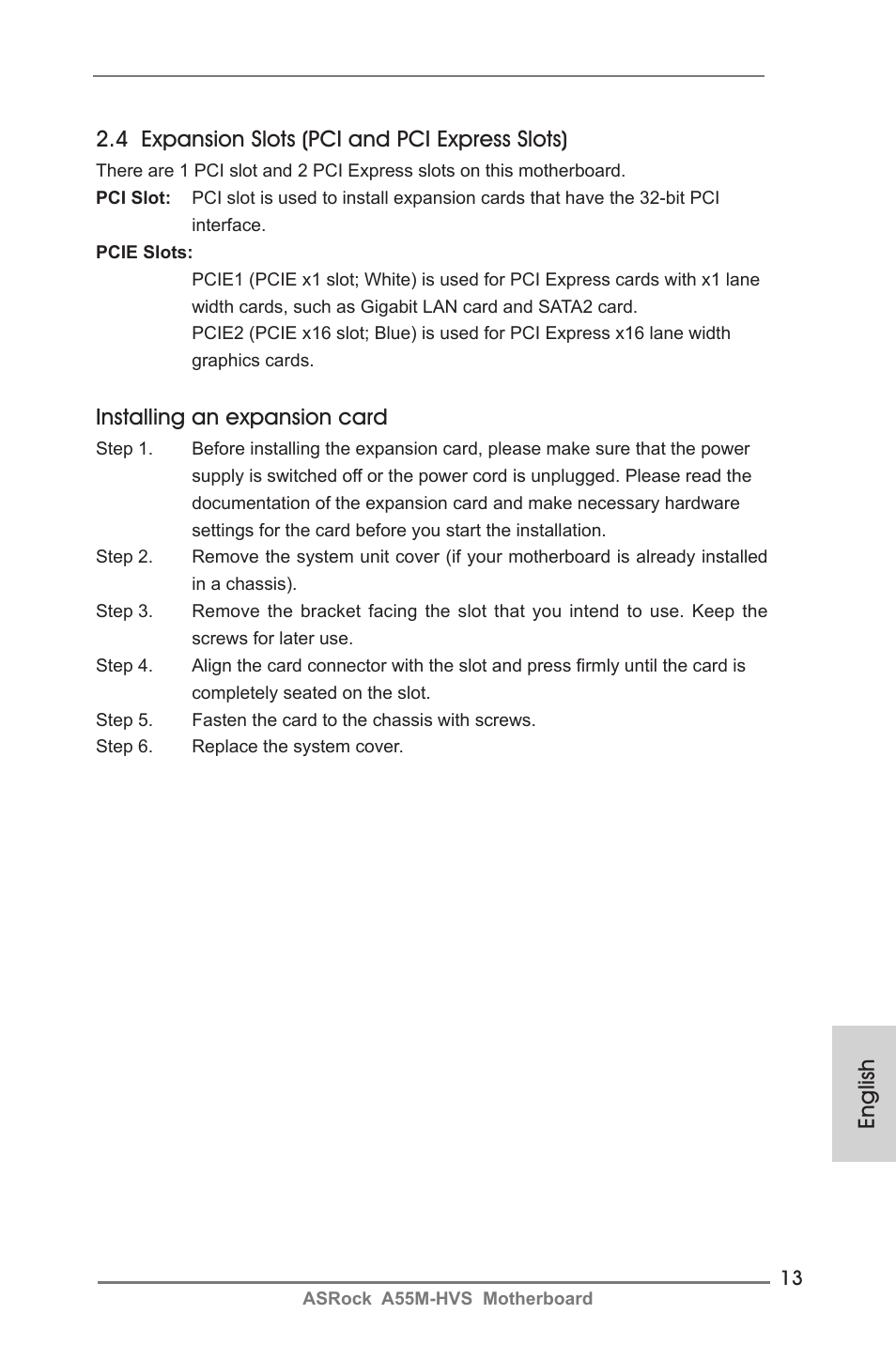 Installing an expansion card | ASRock A55M-HVS User Manual | Page 13 / 162