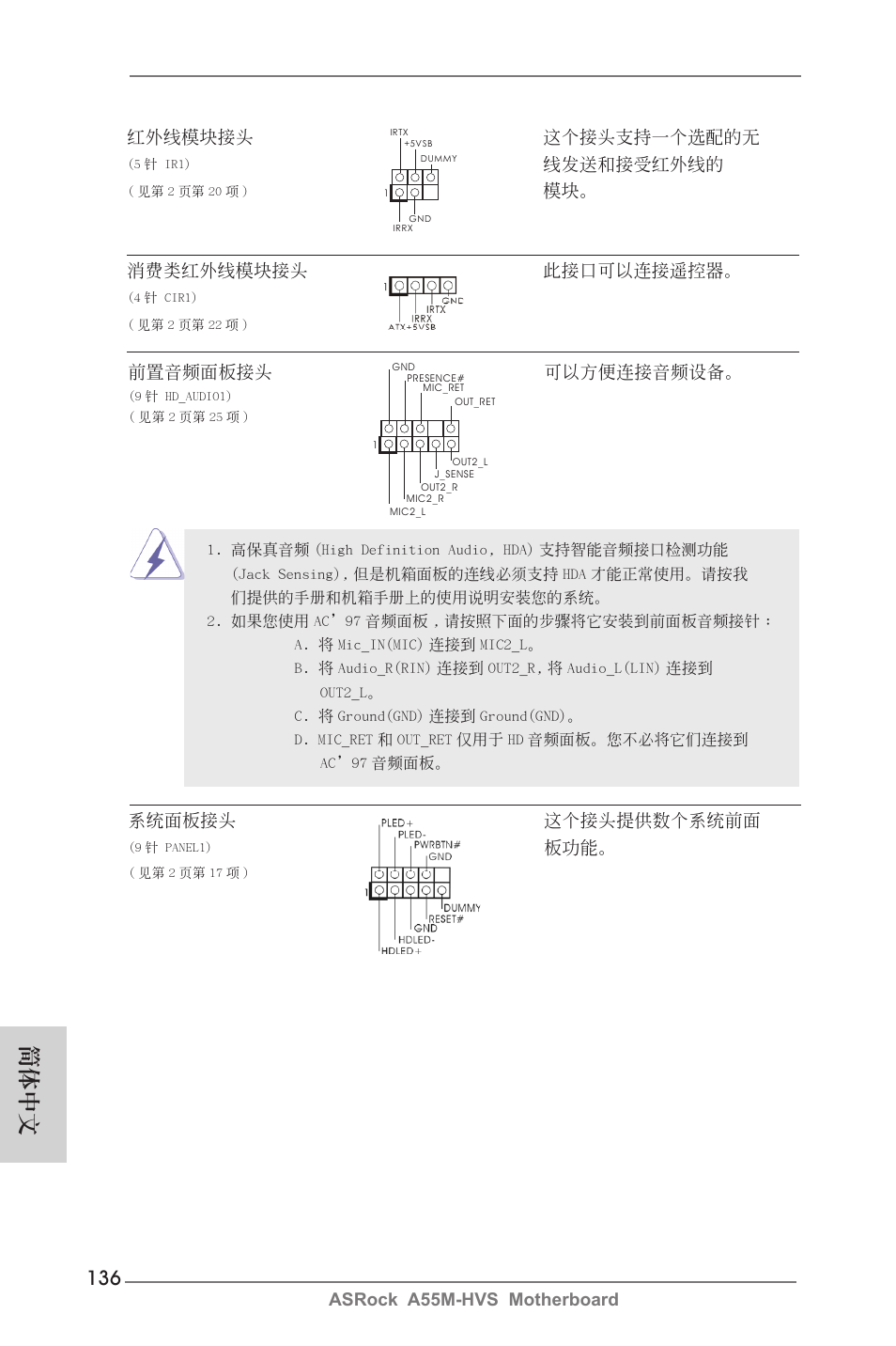 簡體中文, Asrock a55m-hvs motherboard 紅外線模塊接頭 這個接頭支持一個選配的無, 線發送和接受紅外線的 | 模塊。 消費類紅外線模塊接頭 此接口可以連接遙控器, 系統面板接頭 這個接頭提供數個系統前面, 前置音頻面板接頭 可以方便連接音頻設備 | ASRock A55M-HVS User Manual | Page 136 / 162