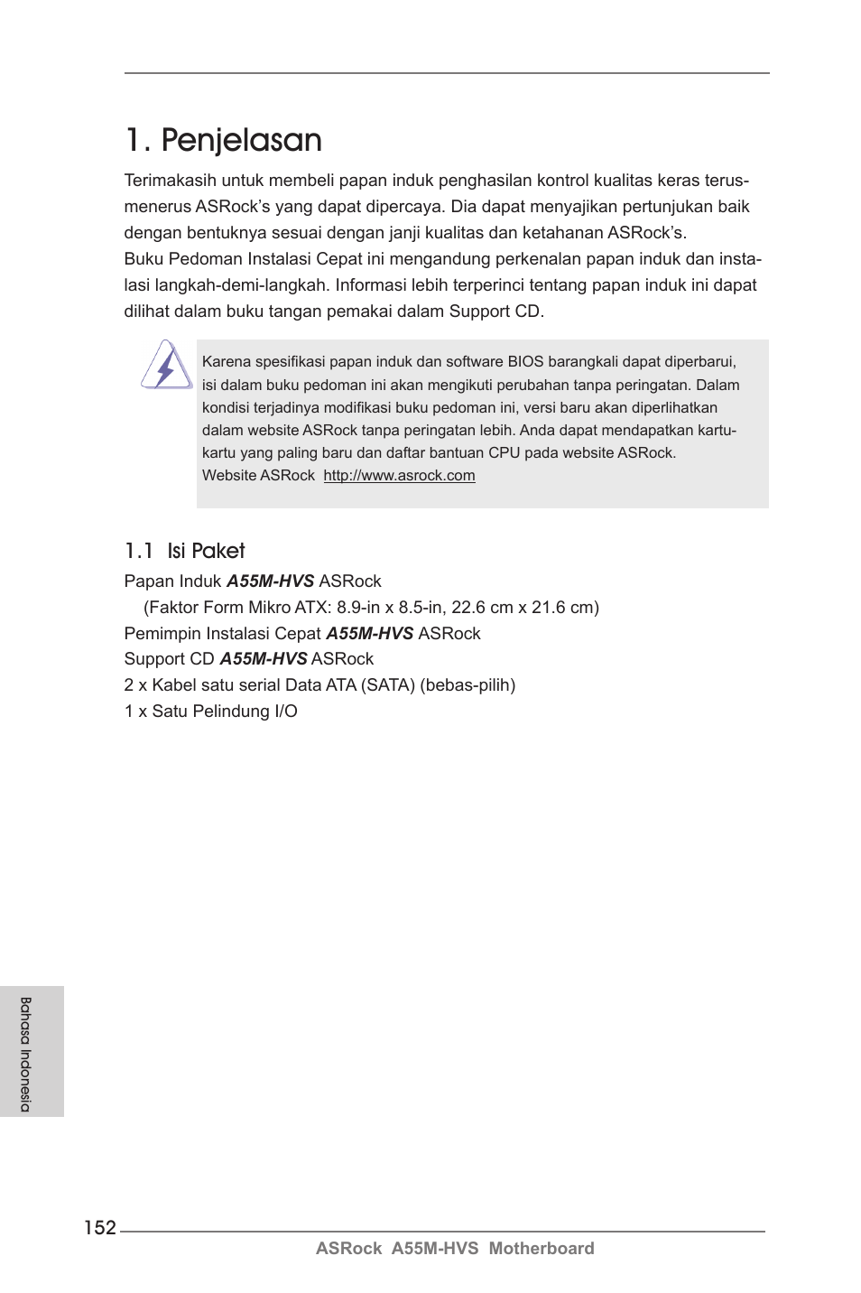 Indonesian, Penjelasan, 1 isi paket | ASRock A55M-HVS User Manual | Page 152 / 162