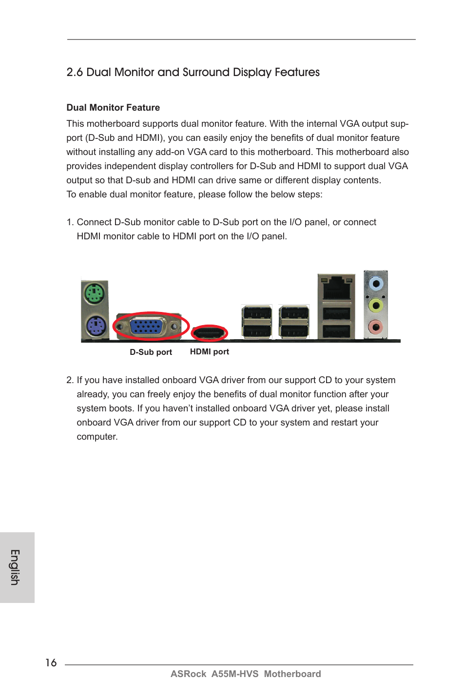 English, 6 dual monitor and surround display features | ASRock A55M-HVS User Manual | Page 16 / 162