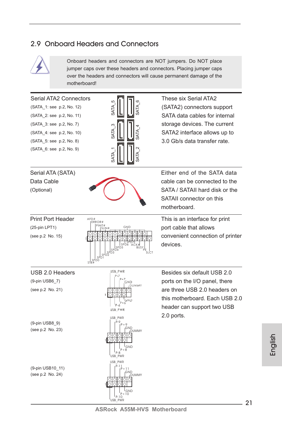 English 2.9 onboard headers and connectors, Asrock a55m-hvs motherboard, Serial ata2 connectors these six serial ata2 | Sata2) connectors support, Sata data cables for internal, Storage devices. the current, Sata2 interface allows up to, 0 gb/s data transfer rate, Usb 2.0 headers besides six default usb 2.0, Ports on the i/o panel, there | ASRock A55M-HVS User Manual | Page 21 / 162