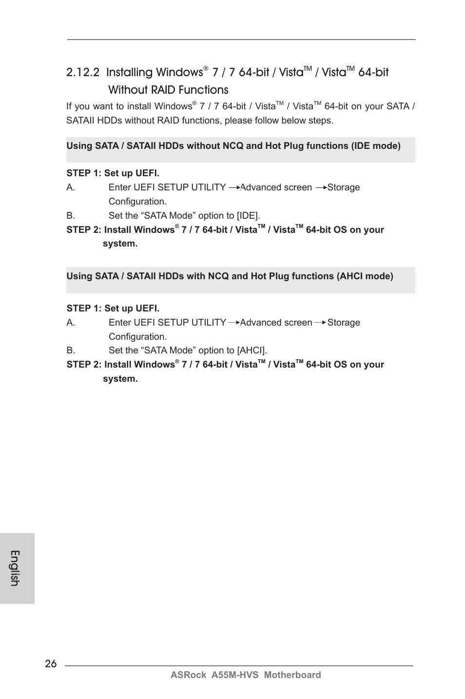 English, 2 installing windows, 7 / 7 64-bit / vista | Vista, Bit without raid functions | ASRock A55M-HVS User Manual | Page 26 / 162