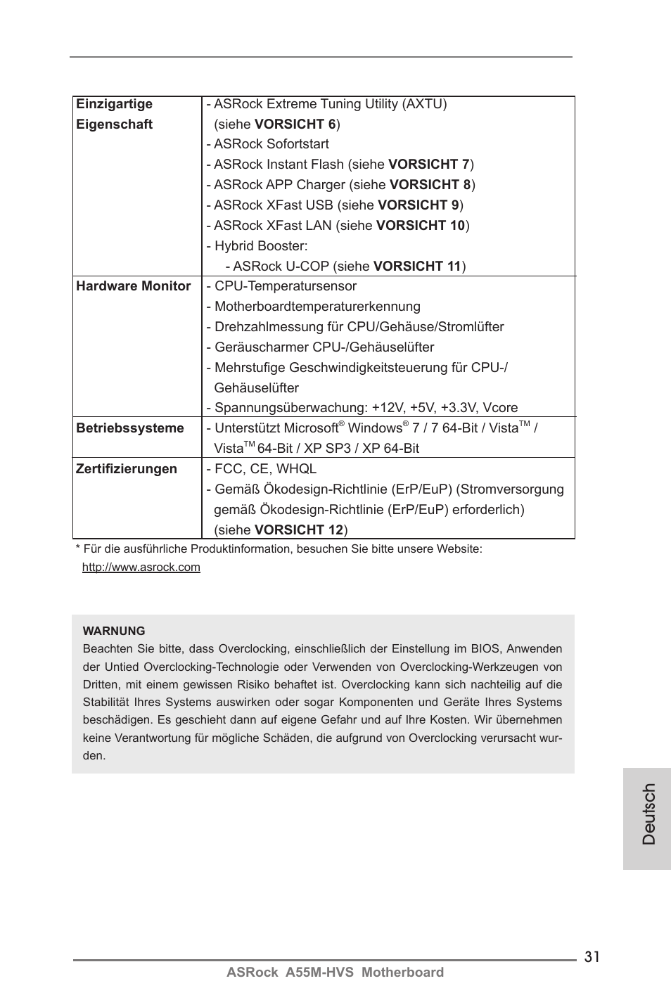 Deutsch | ASRock A55M-HVS User Manual | Page 31 / 162