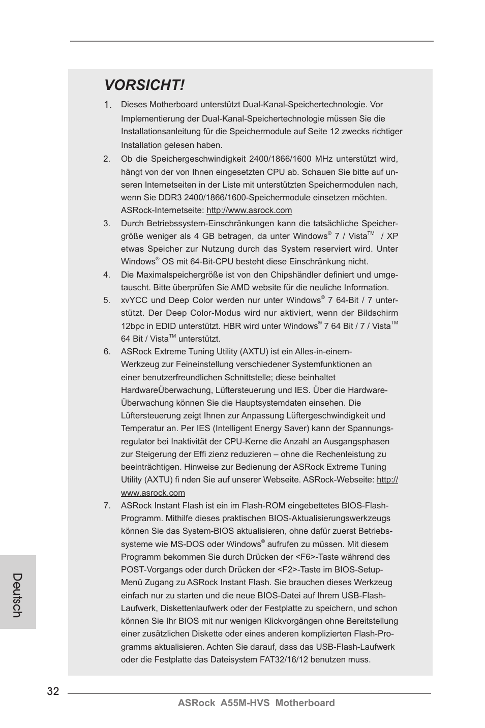 Vorsicht, Deutsch, Asrock a55m-hvs motherboard | ASRock A55M-HVS User Manual | Page 32 / 162