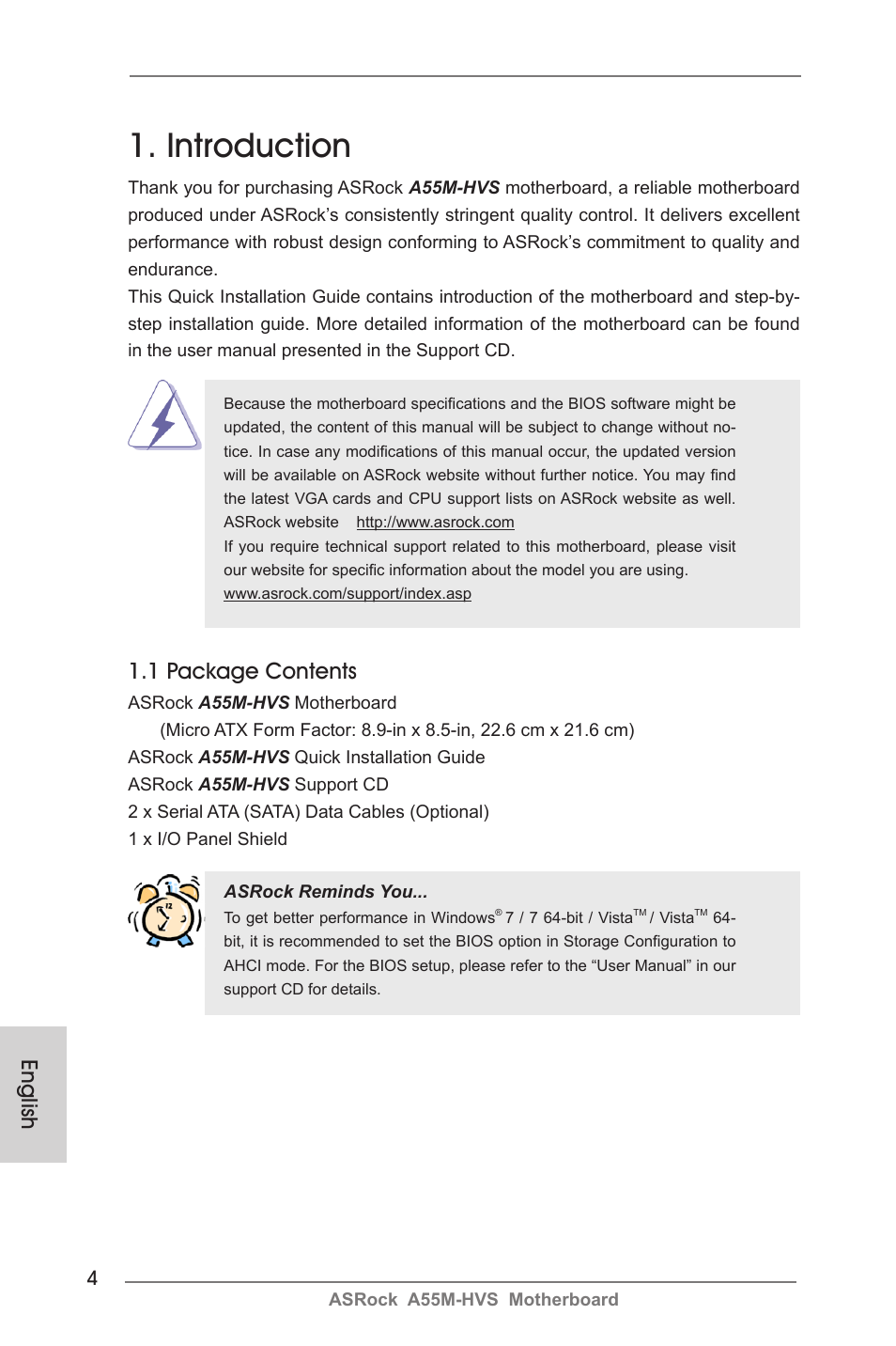Introduction, 1 package contents, English | ASRock A55M-HVS User Manual | Page 4 / 162