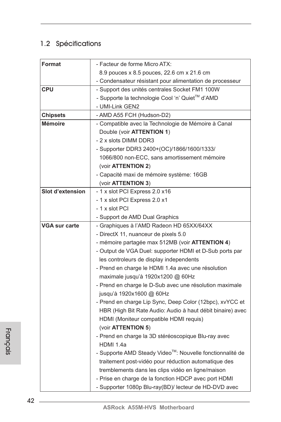 Français 1.2 spécifications | ASRock A55M-HVS User Manual | Page 42 / 162