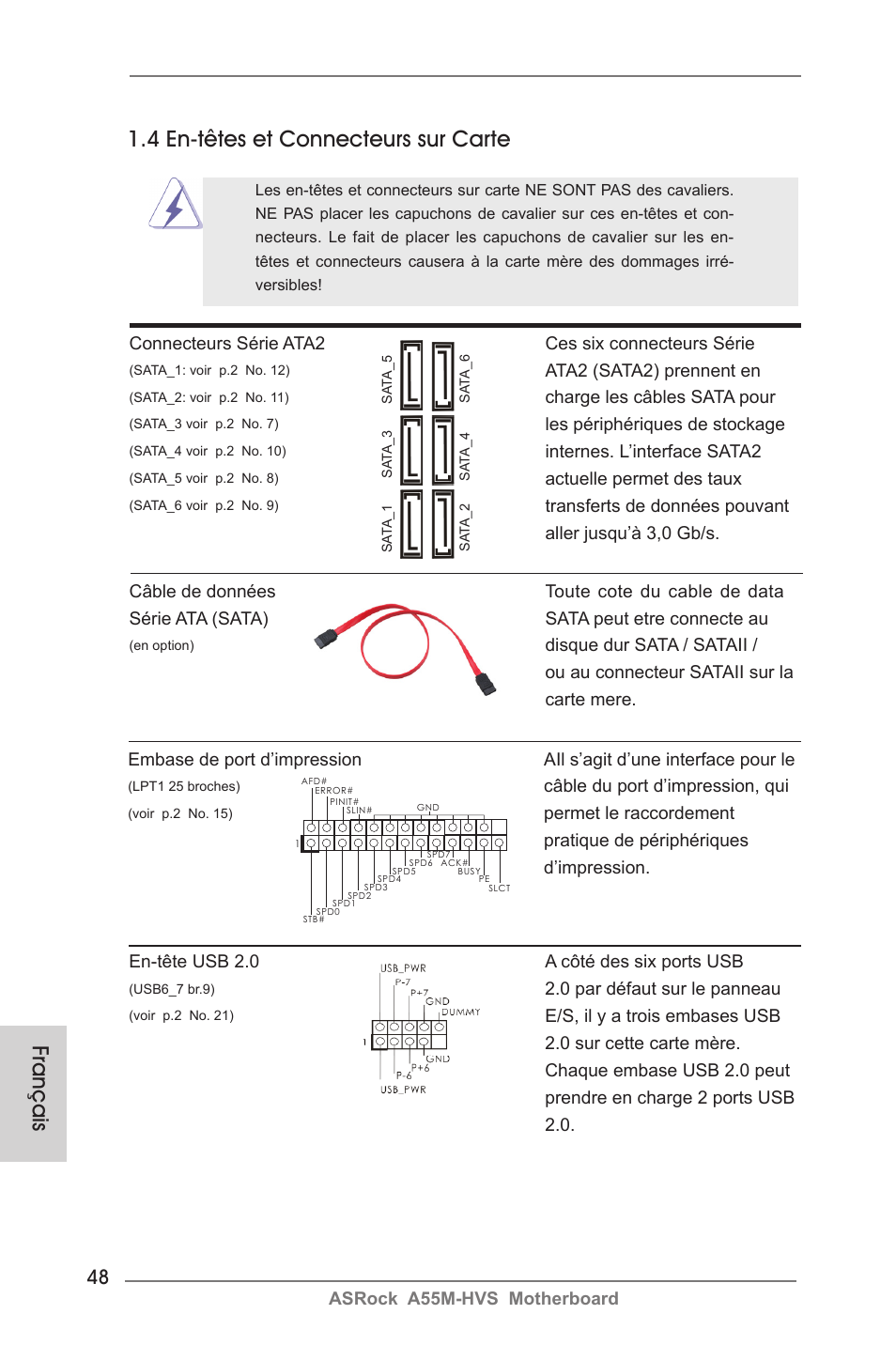 Français, 4 en-têtes et connecteurs sur carte | ASRock A55M-HVS User Manual | Page 48 / 162