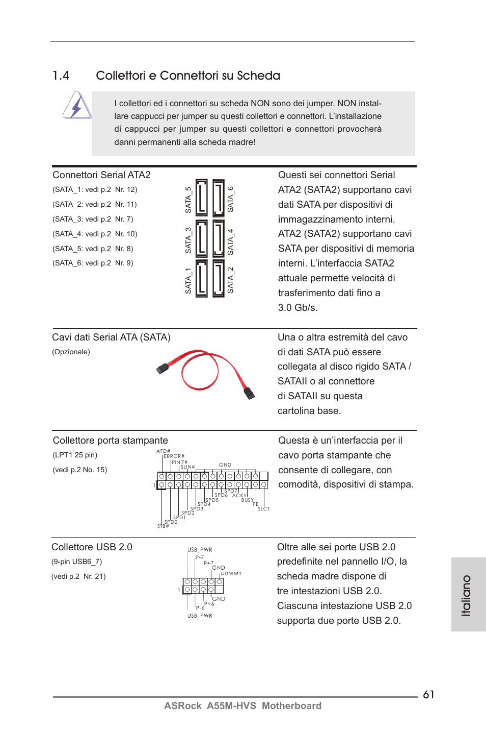 Italiano 1.4 collettori e connettori su scheda | ASRock A55M-HVS User Manual | Page 61 / 162