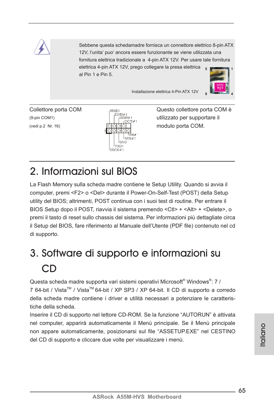 Informazioni sul bios, Software di supporto e informazioni su cd, Italiano | ASRock A55M-HVS User Manual | Page 65 / 162