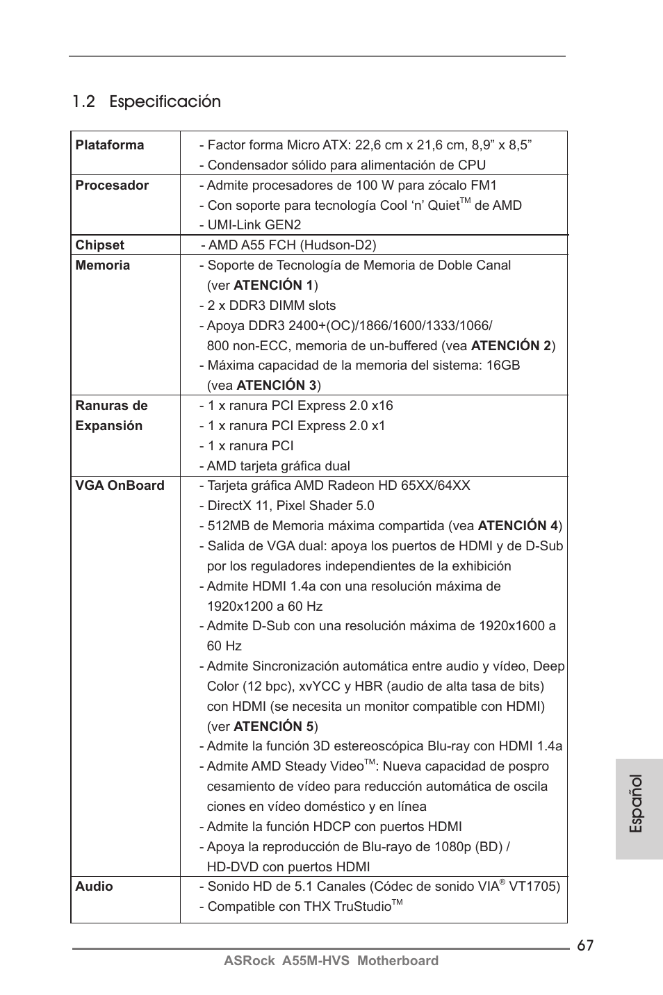 Español 1.2 especificación | ASRock A55M-HVS User Manual | Page 67 / 162