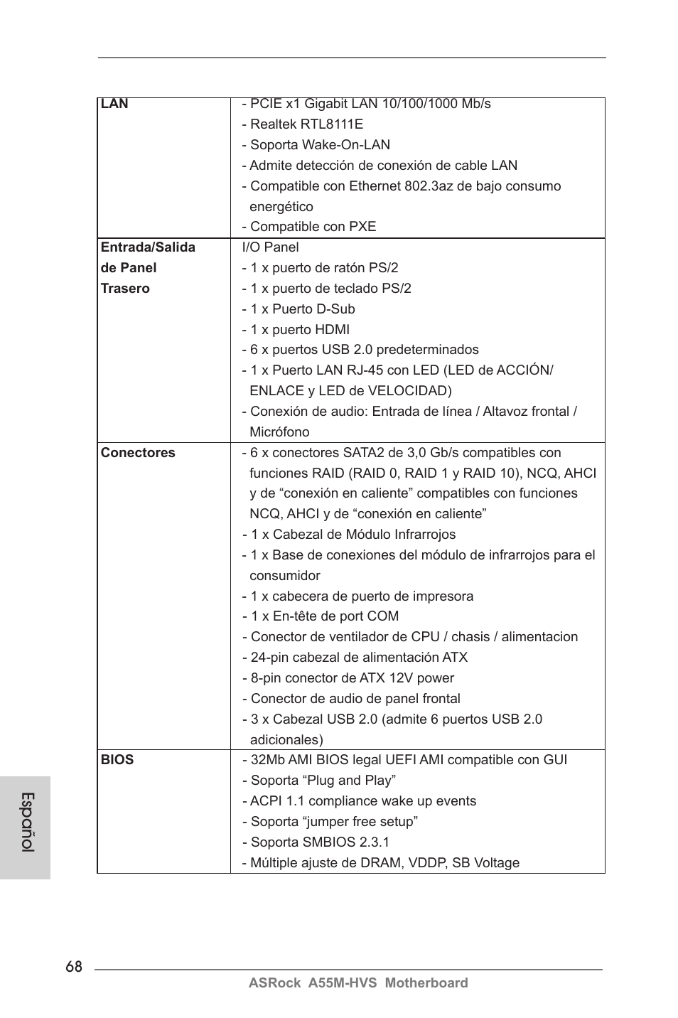 Español | ASRock A55M-HVS User Manual | Page 68 / 162