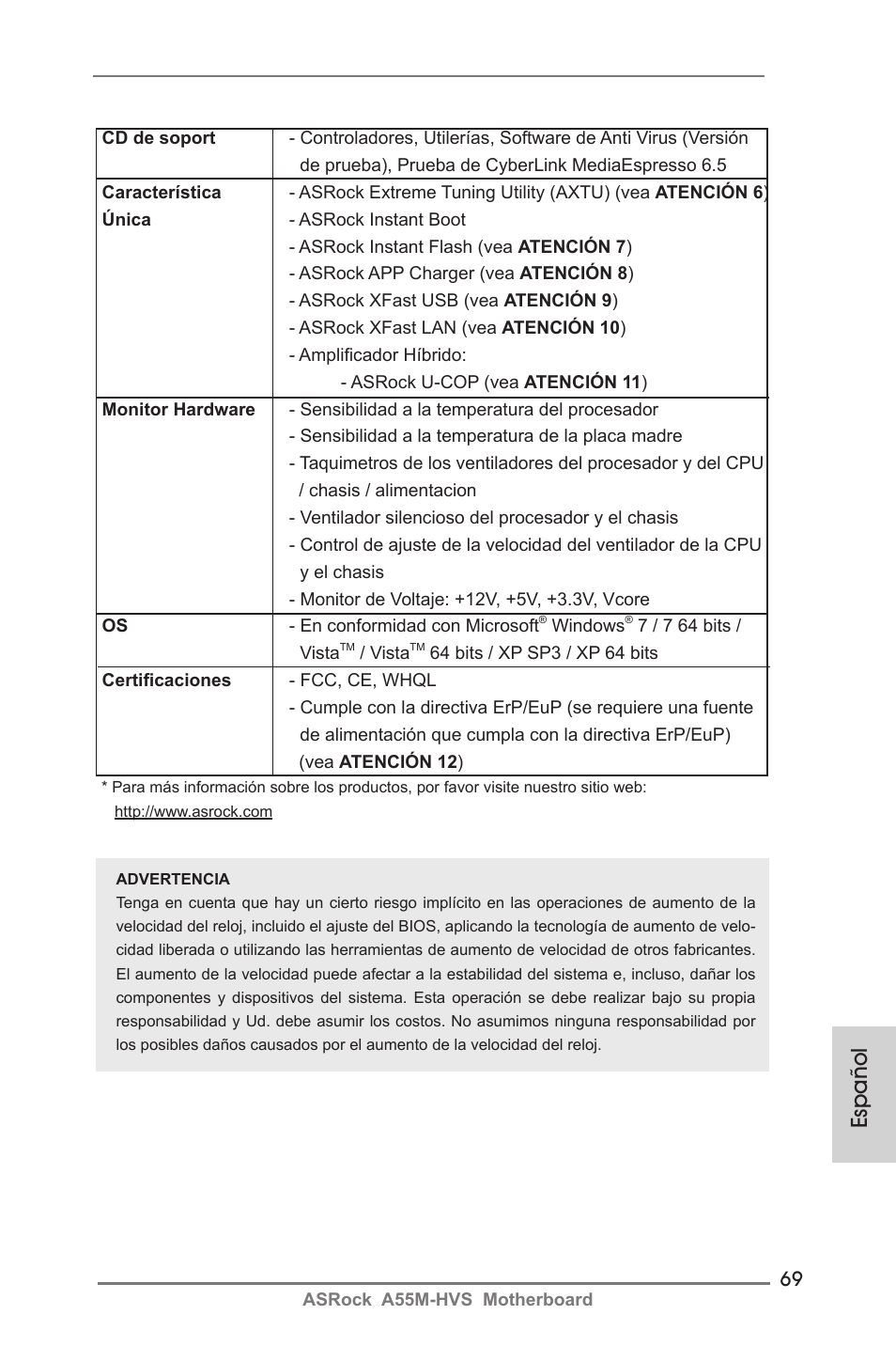 Español | ASRock A55M-HVS User Manual | Page 69 / 162