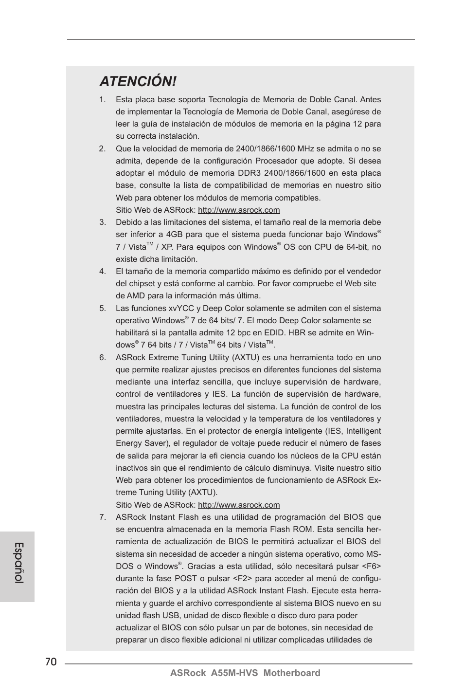 Atención, Español, Asrock a55m-hvs motherboard | ASRock A55M-HVS User Manual | Page 70 / 162