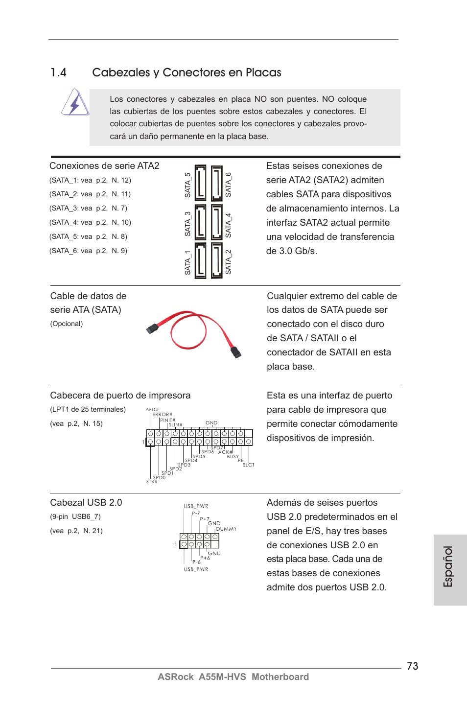 Español 1.4 cabezales y conectores en placas | ASRock A55M-HVS User Manual | Page 73 / 162