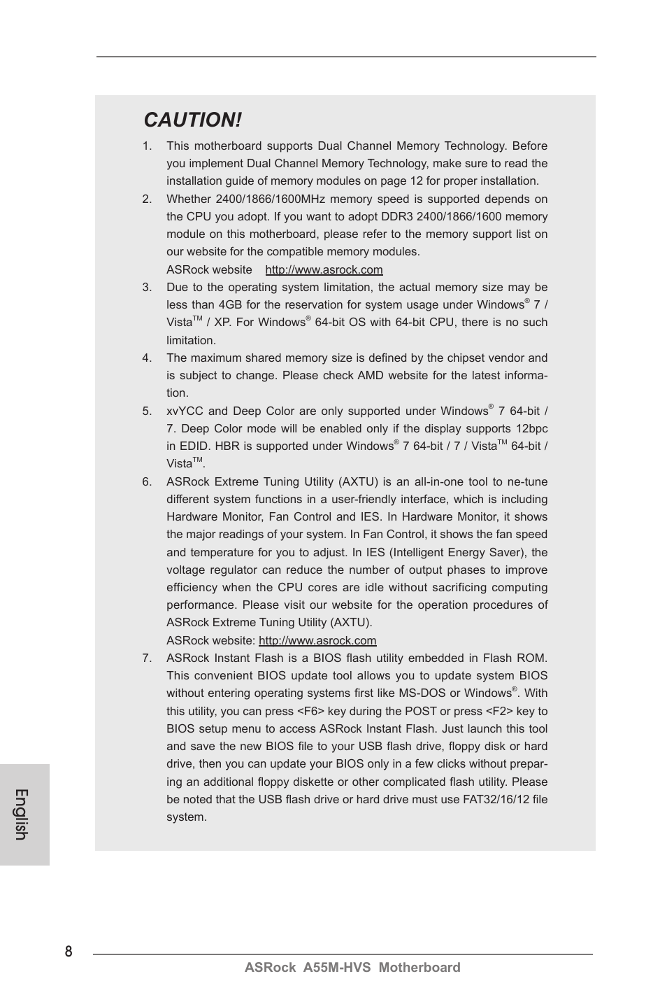 Caution, English, Asrock a55m-hvs motherboard | ASRock A55M-HVS User Manual | Page 8 / 162
