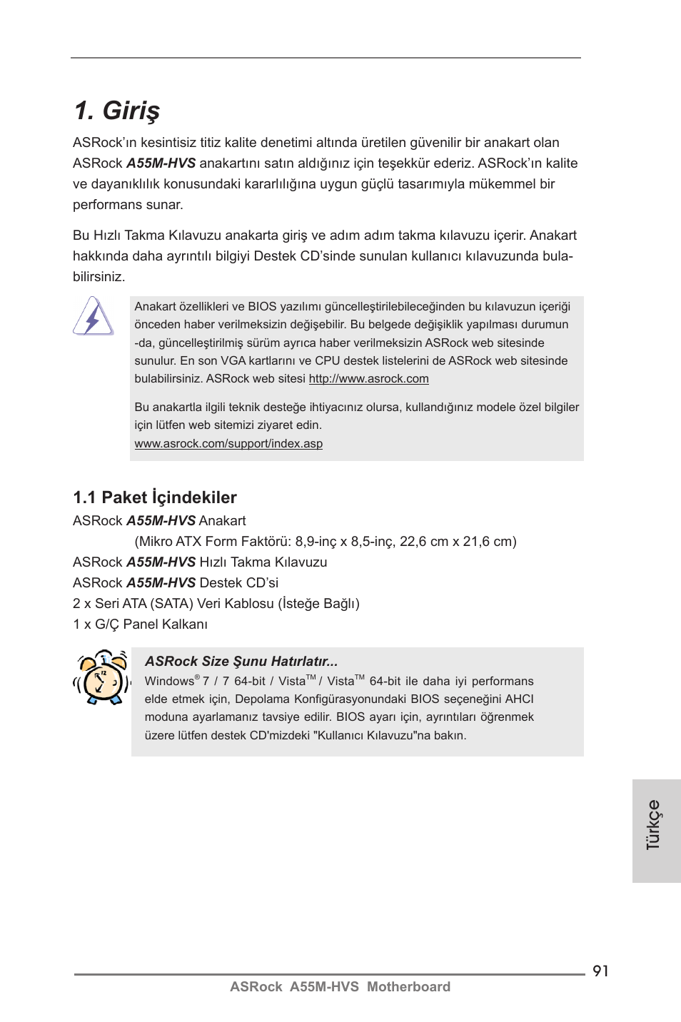 Turkish, Giriş, 1 paket içindekiler | Türkçe | ASRock A55M-HVS User Manual | Page 91 / 162