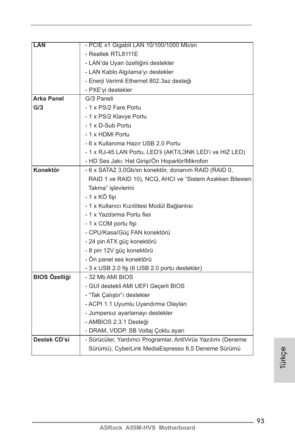 Türkçe | ASRock A55M-HVS User Manual | Page 93 / 162