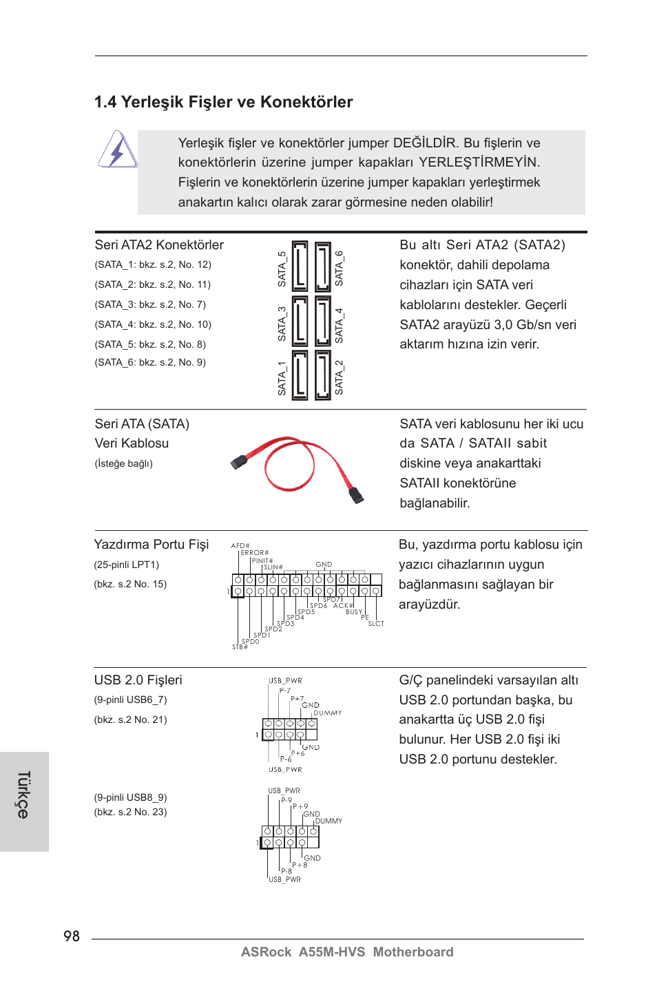 Türkçe, 4 yerleşik fişler ve konektörler | ASRock A55M-HVS User Manual | Page 98 / 162