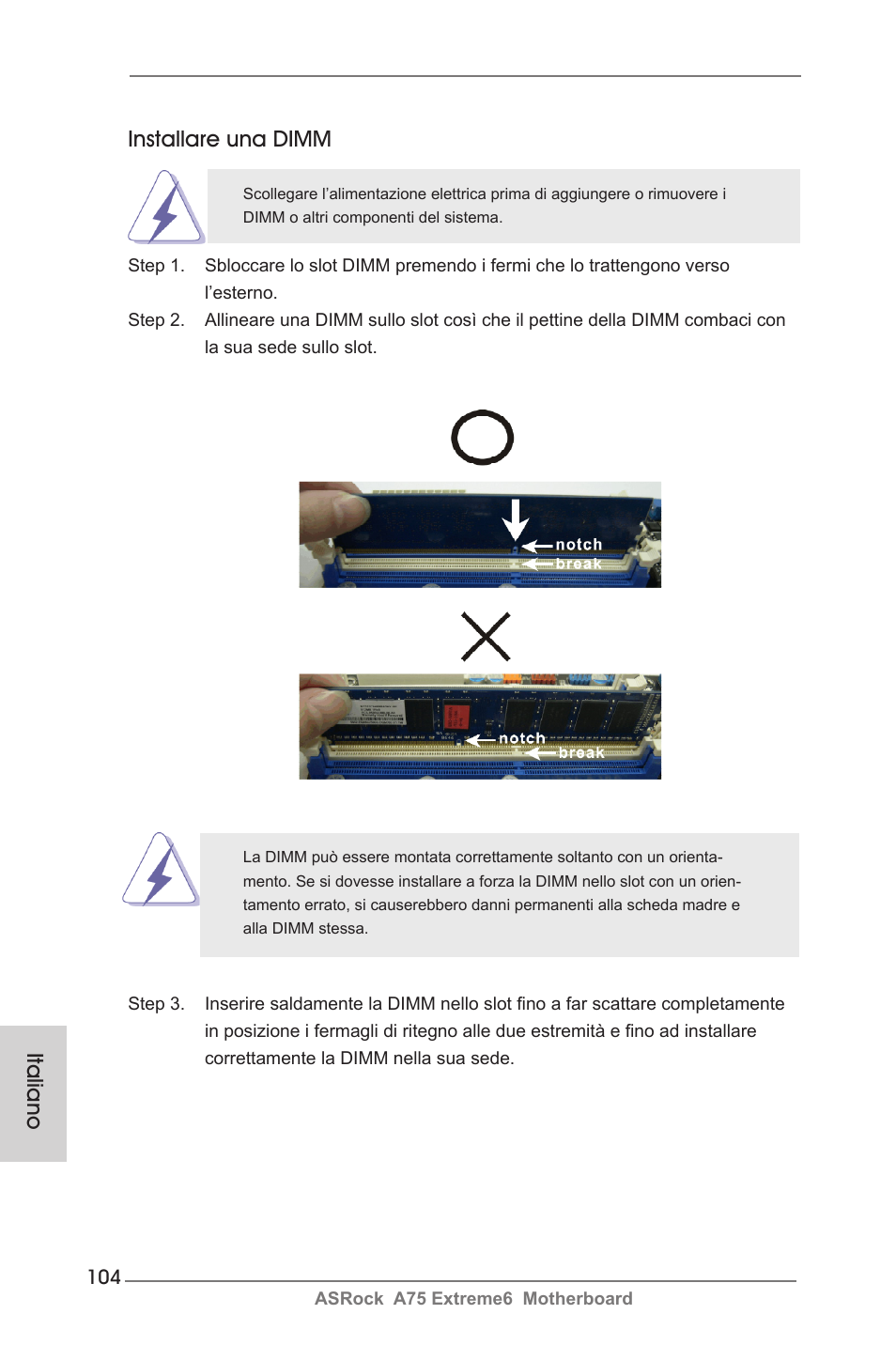 Installare una dimm, Italiano | ASRock A75 Extreme6 User Manual | Page 104 / 286