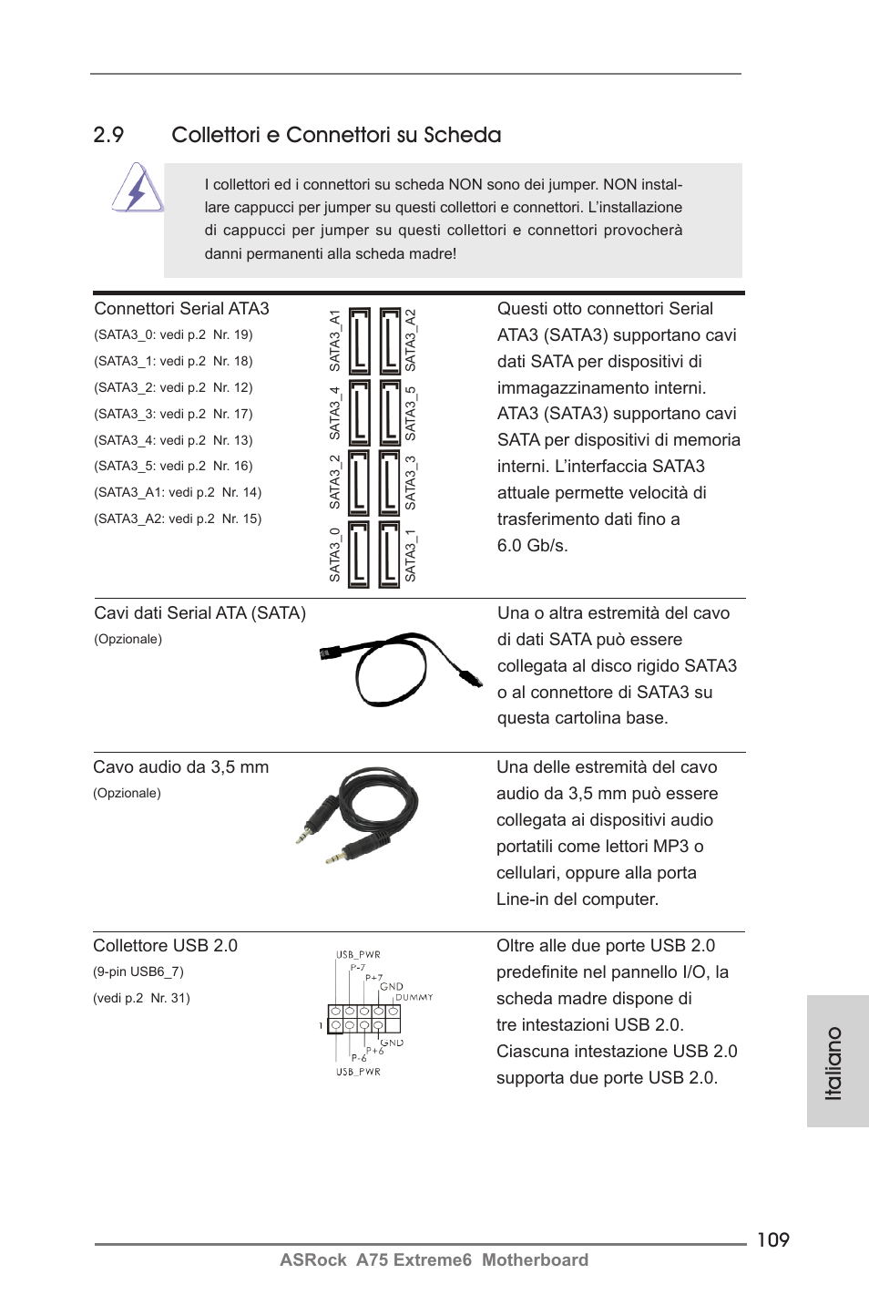 Italiano, 9 collettori e connettori su scheda | ASRock A75 Extreme6 User Manual | Page 109 / 286