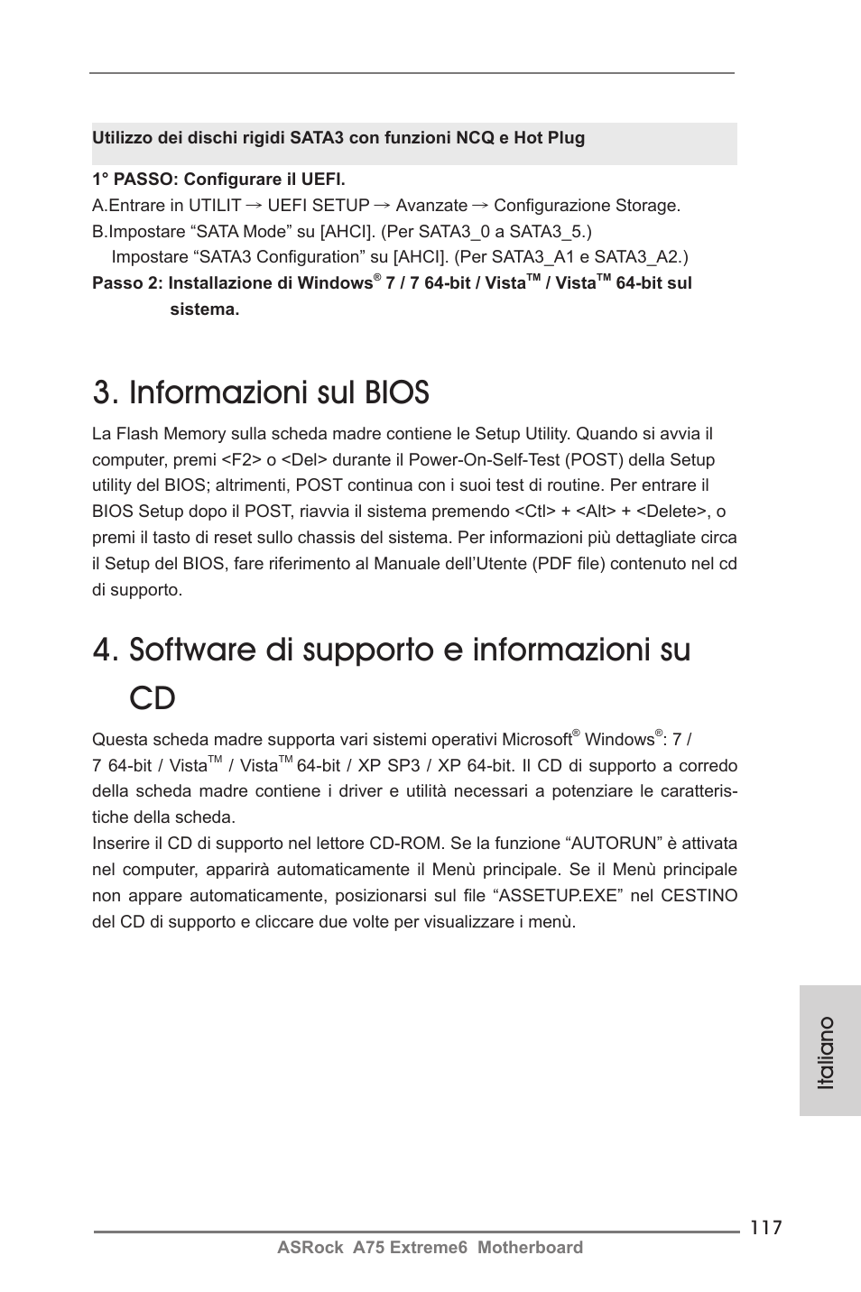 Informazioni sul bios, Software di supporto e informazioni su cd, Italiano | ASRock A75 Extreme6 User Manual | Page 117 / 286