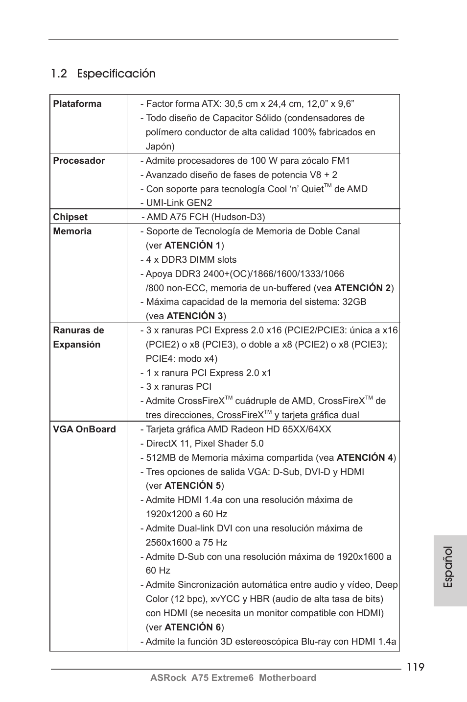 Español 1.2 especificación | ASRock A75 Extreme6 User Manual | Page 119 / 286