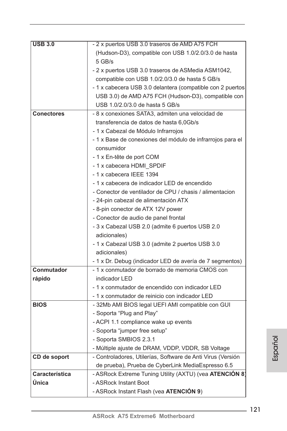 Español | ASRock A75 Extreme6 User Manual | Page 121 / 286