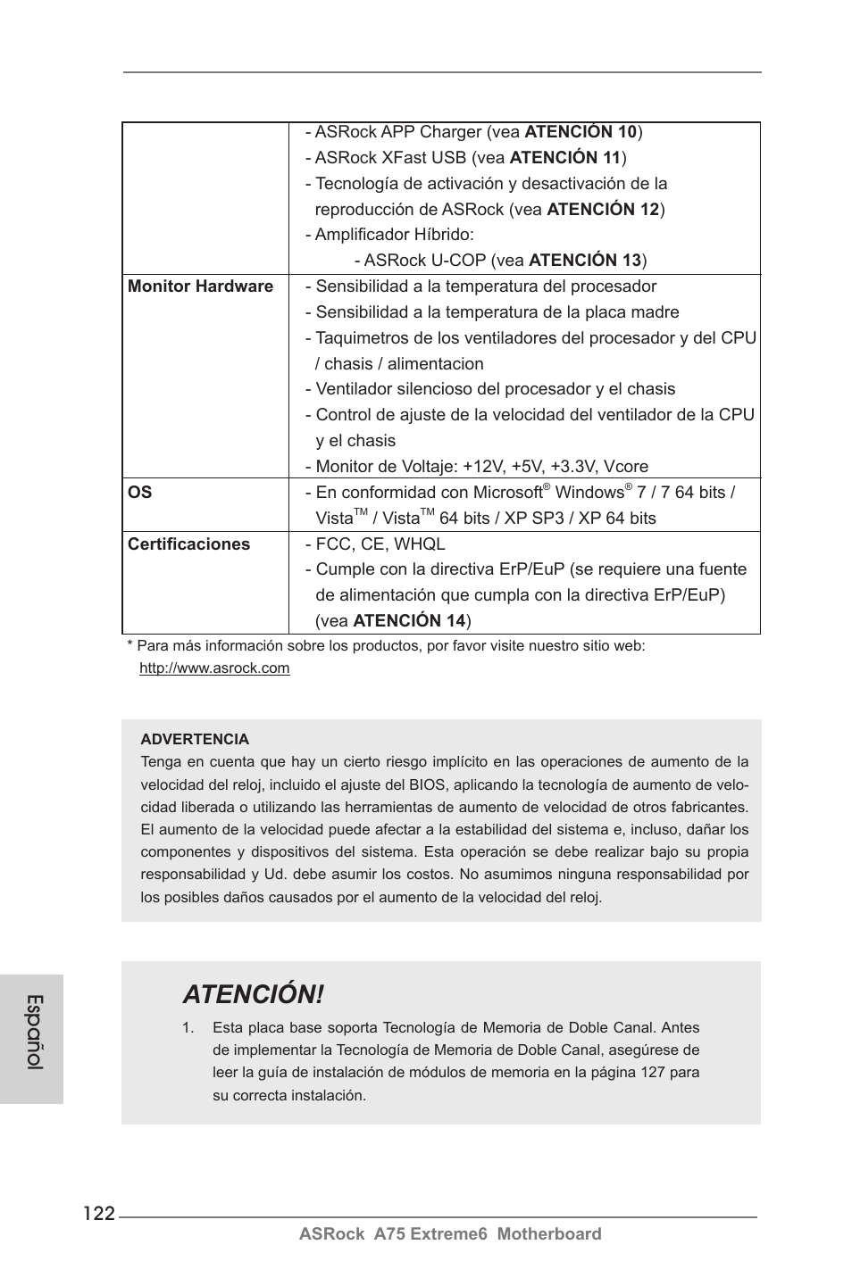 Atención, Español | ASRock A75 Extreme6 User Manual | Page 122 / 286