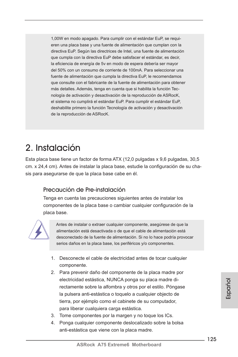 Instalación, Precaución de pre-instalación, Español | ASRock A75 Extreme6 User Manual | Page 125 / 286