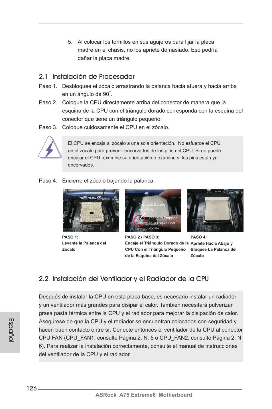 1 instalación de procesador, Español | ASRock A75 Extreme6 User Manual | Page 126 / 286