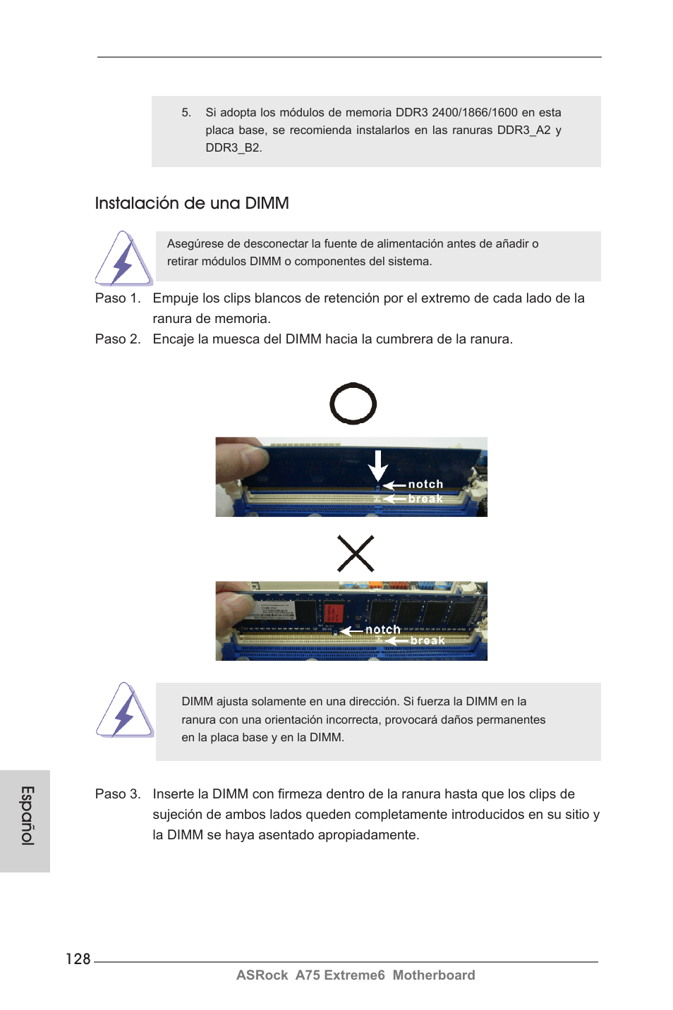 Instalación de una dimm, Español | ASRock A75 Extreme6 User Manual | Page 128 / 286