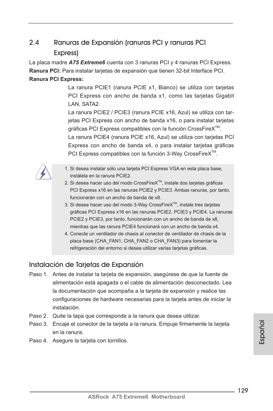 Instalación de tarjetas de expansión, Español | ASRock A75 Extreme6 User Manual | Page 129 / 286