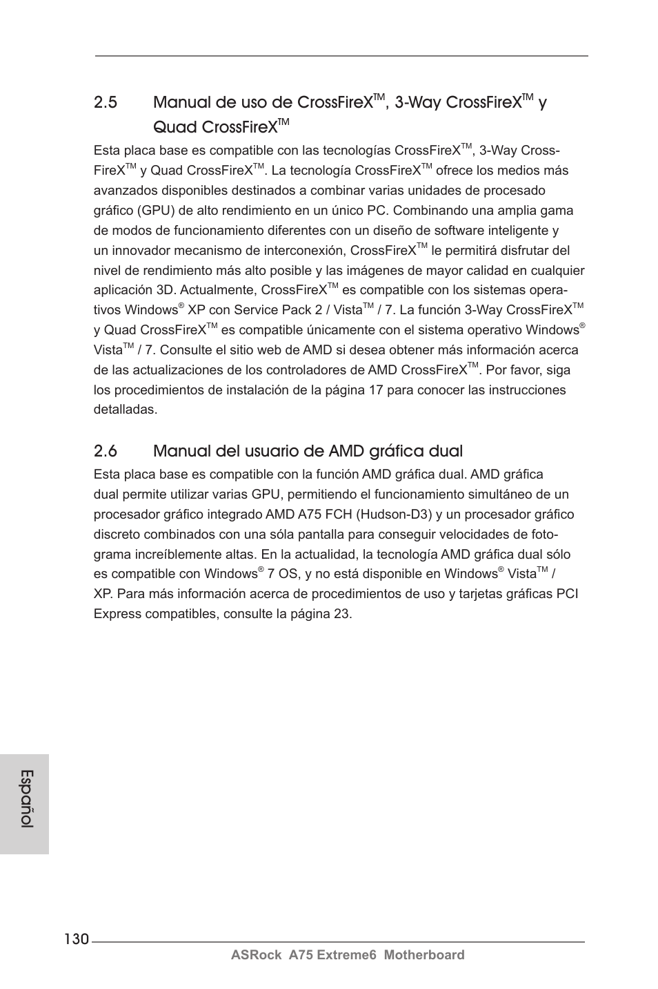 5 manual de uso de crossfirex, Way crossfirex, Yquad crossfirex | 6 manual del usuario de amd gráfica dual, Español | ASRock A75 Extreme6 User Manual | Page 130 / 286