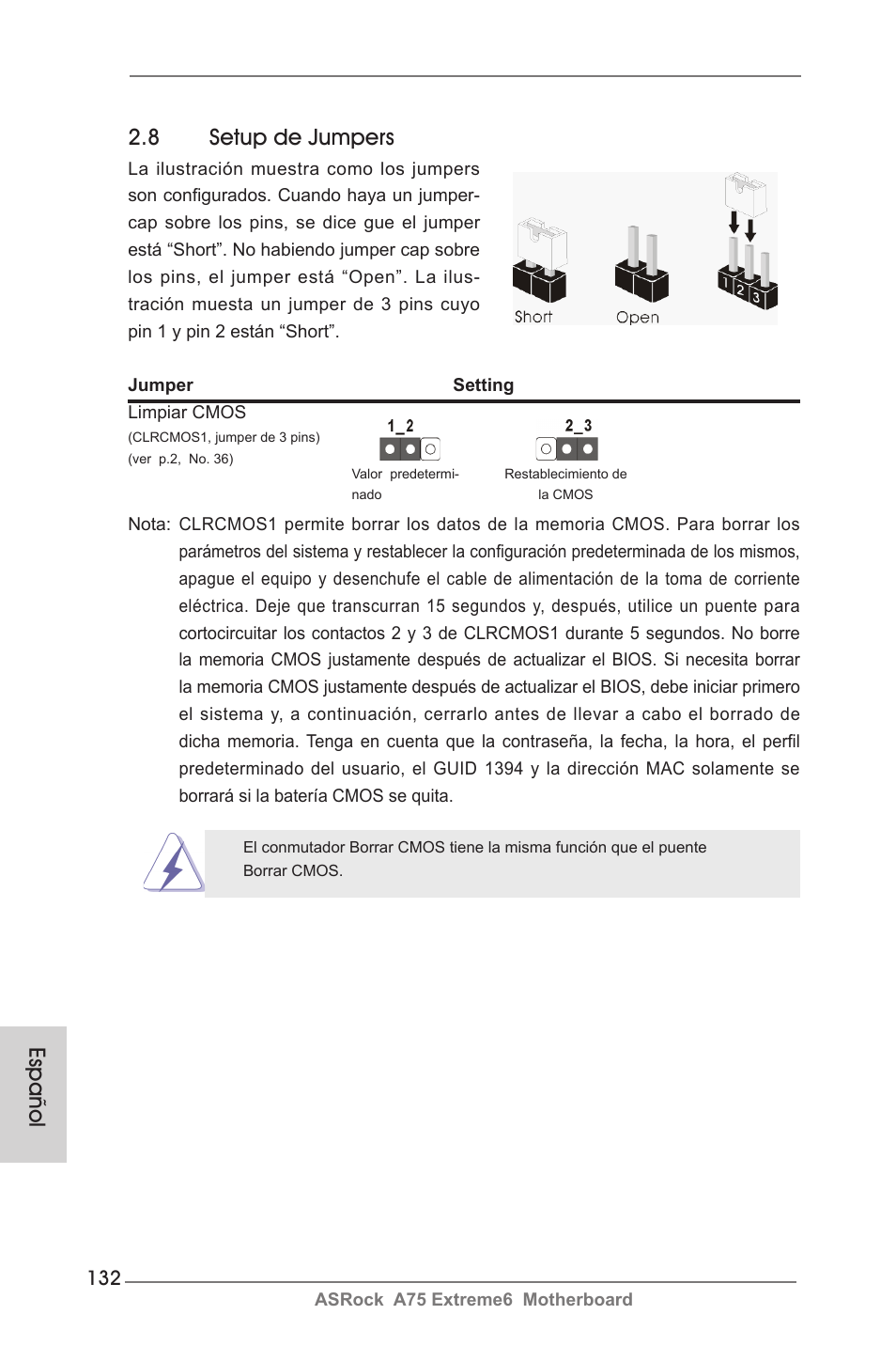 Español 2.8 setup de jumpers | ASRock A75 Extreme6 User Manual | Page 132 / 286