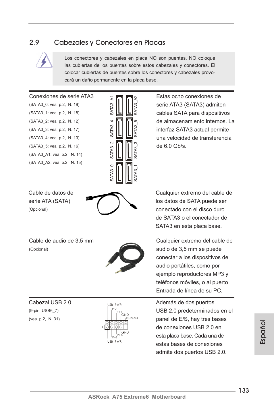 Español, 9 cabezales y conectores en placas | ASRock A75 Extreme6 User Manual | Page 133 / 286