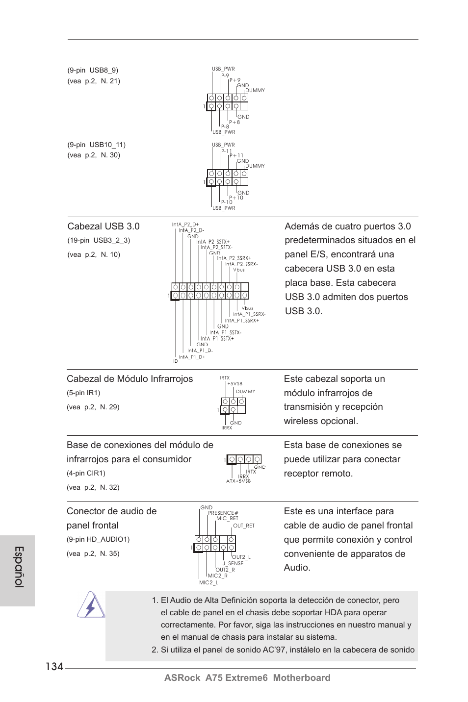 Español, Predeterminados situados en el, Módulo infrarrojos de | Que permite conexión y control, Conveniente de apparatos de audio, Receptor remoto | ASRock A75 Extreme6 User Manual | Page 134 / 286