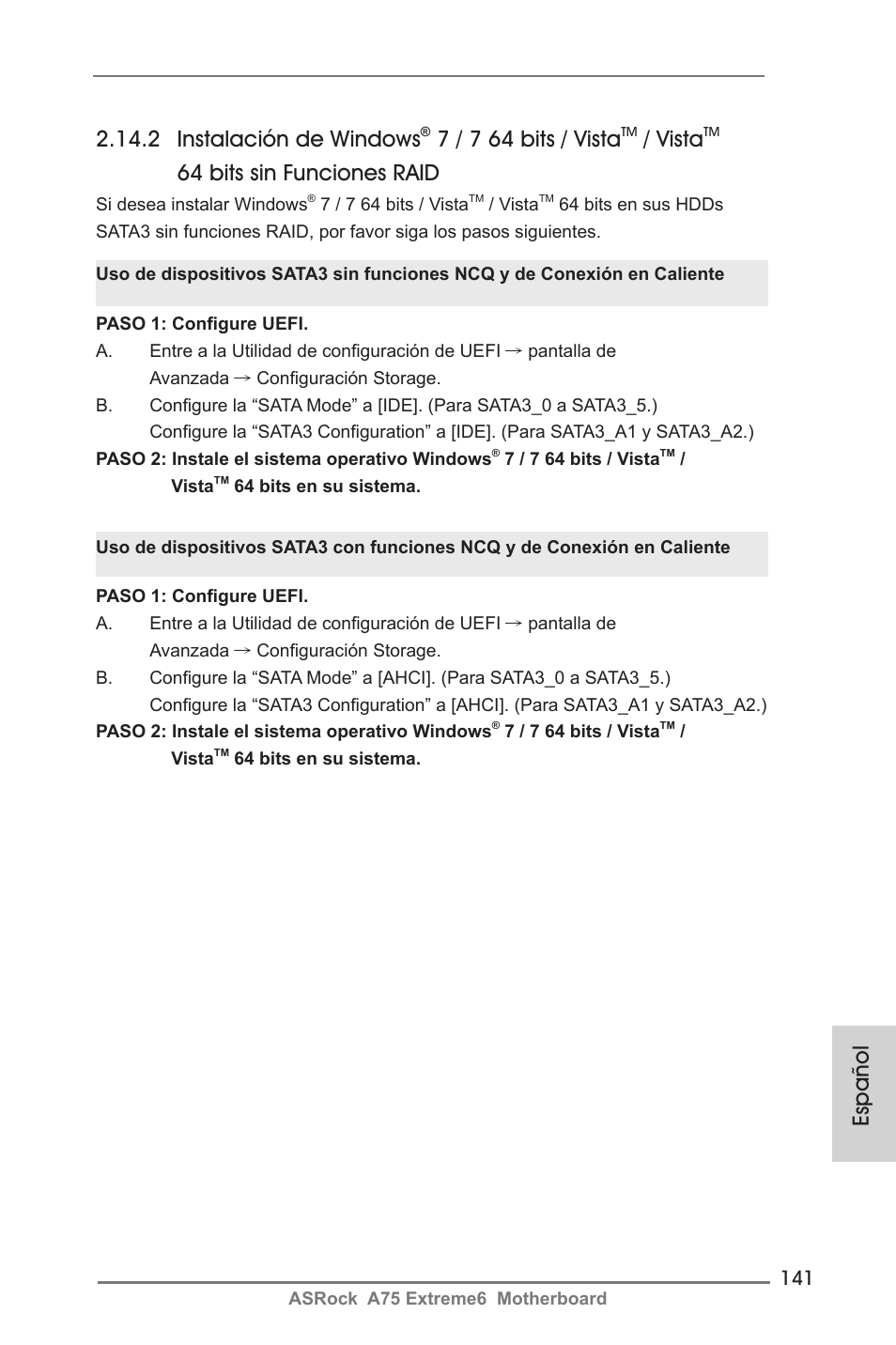 Español 2.14.2 instalación de windows, 7 / 7 64 bits / vista, Vista | 64 bits sin funciones raid | ASRock A75 Extreme6 User Manual | Page 141 / 286