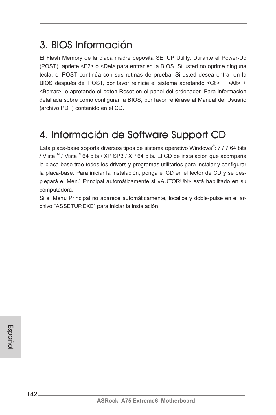 Bios información, Información de software support cd, Español | ASRock A75 Extreme6 User Manual | Page 142 / 286