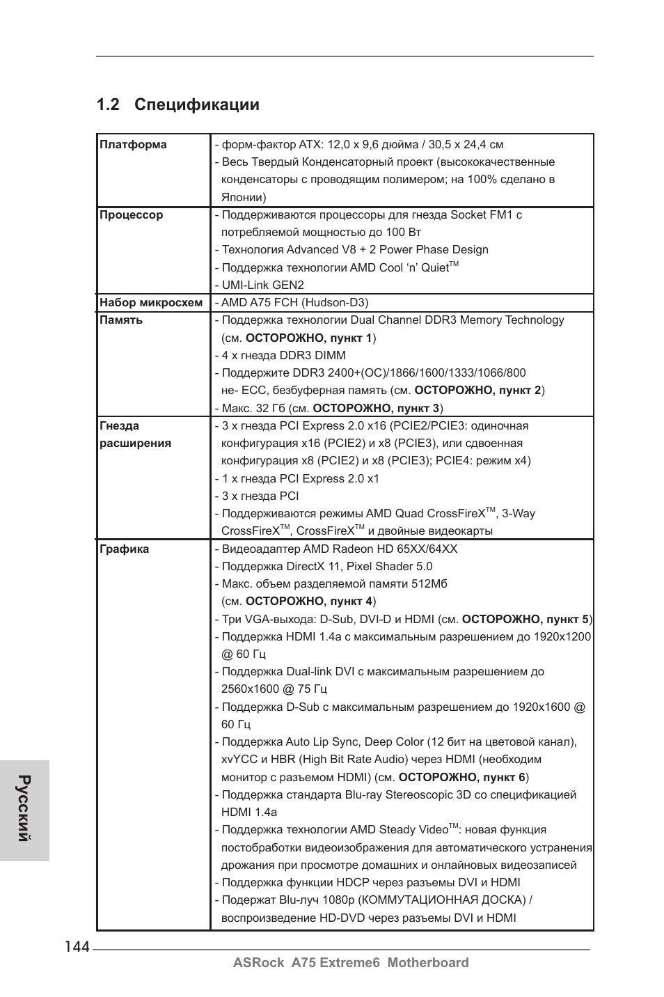 2 спецификации, Ру сский | ASRock A75 Extreme6 User Manual | Page 144 / 286