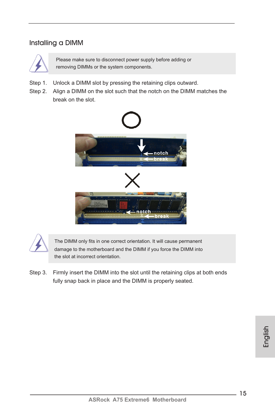 English installing a dimm | ASRock A75 Extreme6 User Manual | Page 15 / 286