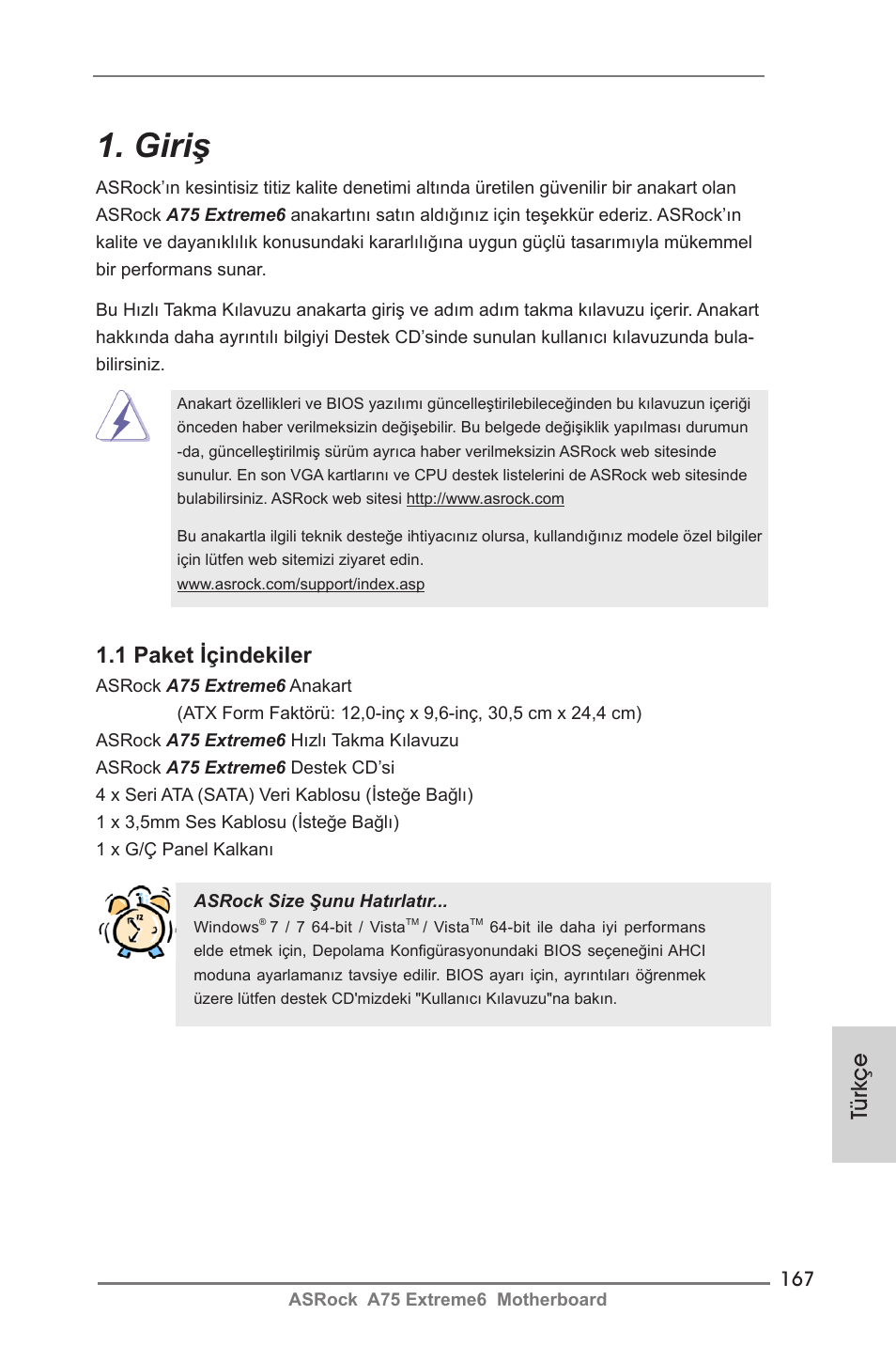 Turkish, Giriş, 1 paket içindekiler | Türkçe | ASRock A75 Extreme6 User Manual | Page 167 / 286