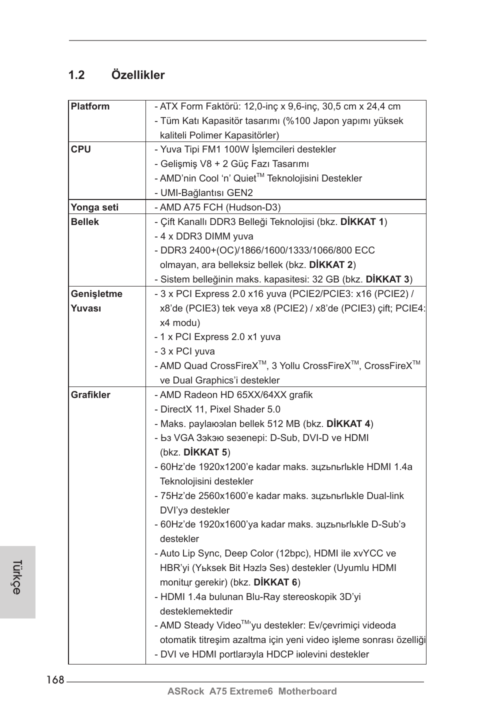 Türkçe 1.2 özellikler | ASRock A75 Extreme6 User Manual | Page 168 / 286