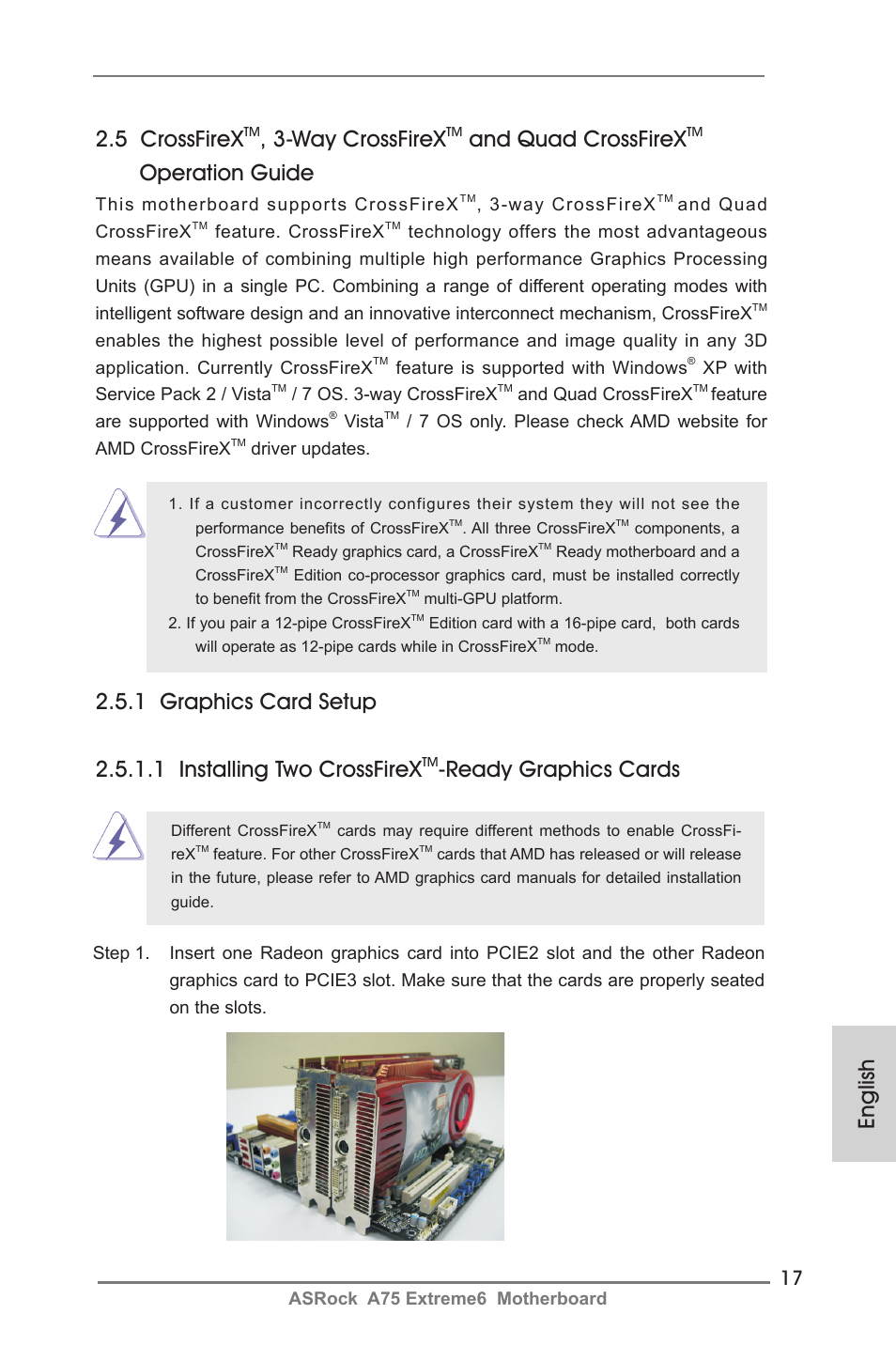 English 2.5 crossfirex, Way crossfirex, And quad crossfirex | Operation guide, Ready graphics cards | ASRock A75 Extreme6 User Manual | Page 17 / 286