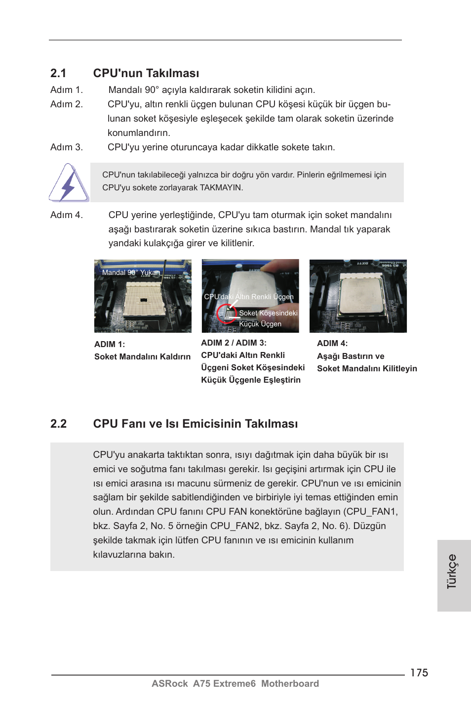 1 cpu'nun takılması, 2 cpu fanı ve isı emicisinin takılması, Türkçe | ASRock A75 Extreme6 User Manual | Page 175 / 286