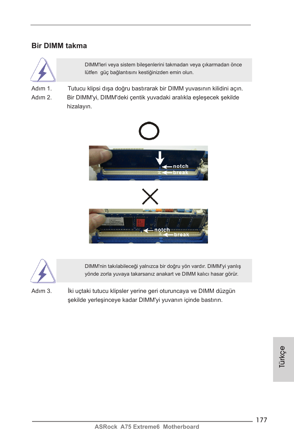 Bir dimm takma, Türkçe | ASRock A75 Extreme6 User Manual | Page 177 / 286