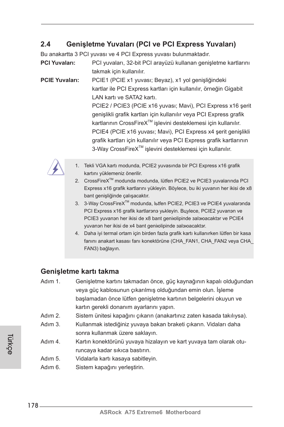 Genişletme kartı takma, Türkçe | ASRock A75 Extreme6 User Manual | Page 178 / 286